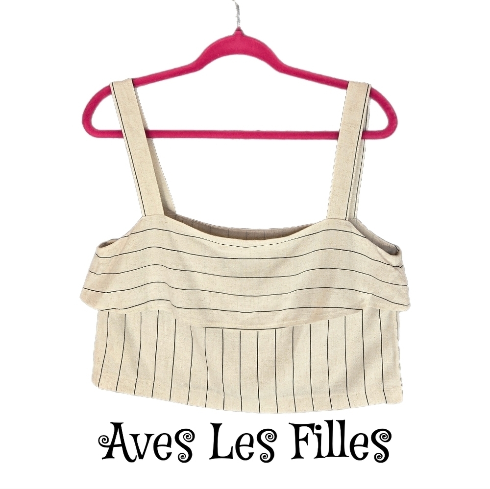 Avec Les Filles Womens Crop Top Sz M Linen Blend Cream Black Stripes Casual Zip